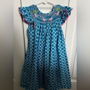 Mom & Me 2T smocked blue pink flamingo dress